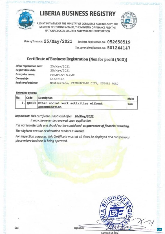 Download Liberia Certificate of Business Registration Photoshop template